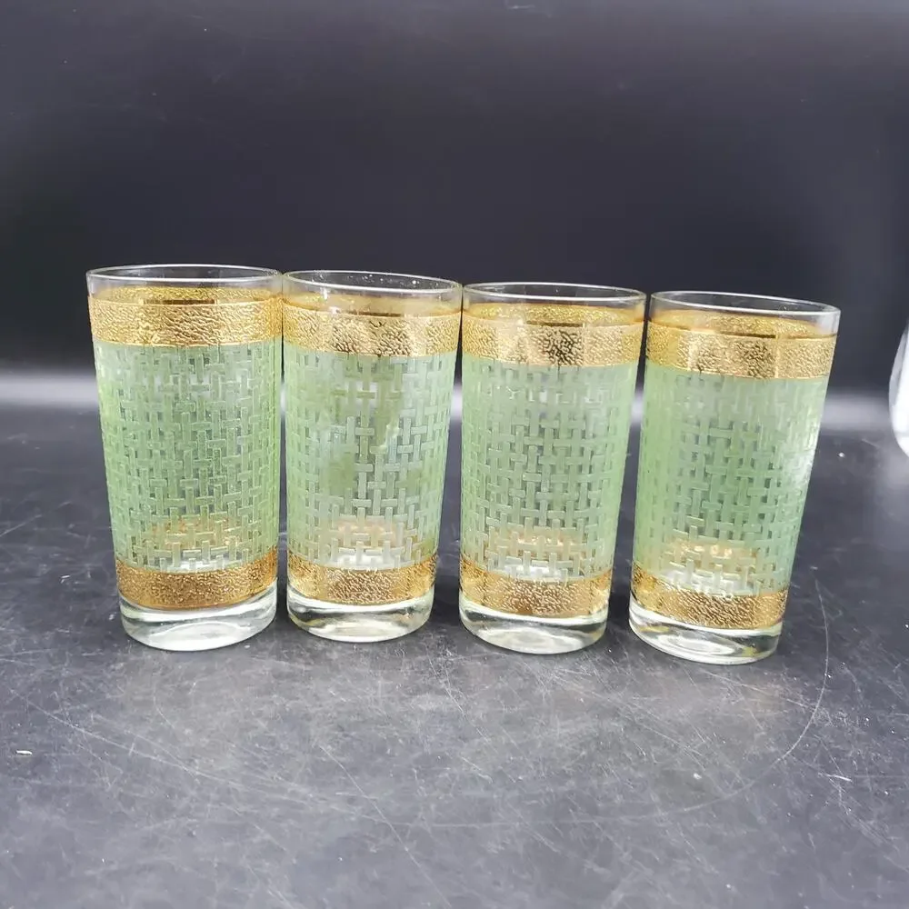 Set of 4 Vintage Gold Green Geometric Highball Tumblers Mid Century Glasses